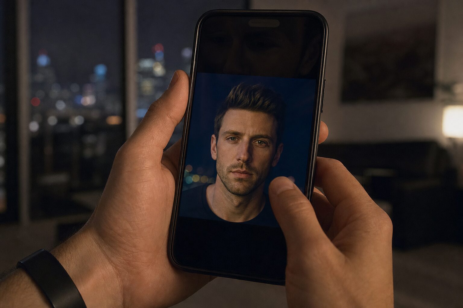 スマートフォンの画面に映る、自分と同じ顔の男性